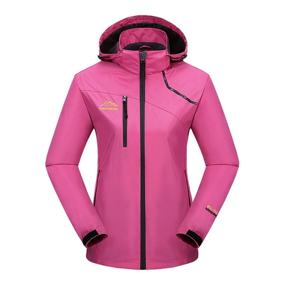 Htigea Womens Windproof Waterproof Coat Lightweight Zip Up Hooded Windbreaker Pocket Hiking Athletic Workout Jackets (Detachable Cap) Hot Pink 2XL