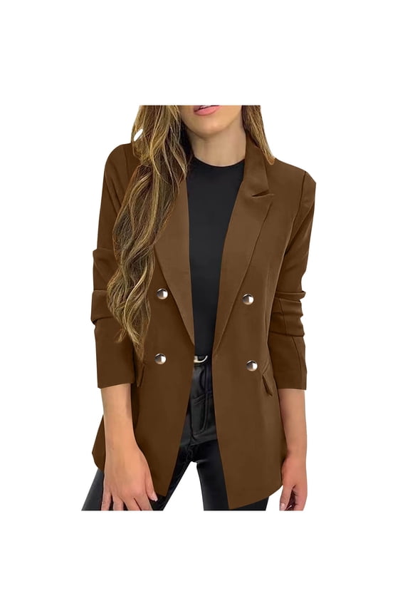 Womens Work Blazer Long Sleeve Lapel Open Front Button Down Suit Jackets Formal Business Coat Cardigans Brown 2XL