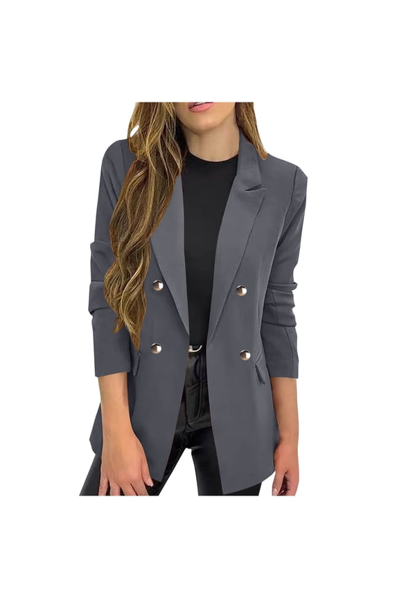 Womens Work Blazer Long Sleeve Lapel Open Front Button Down Suit Jackets Formal Business Coat Cardigans Navy 2XL