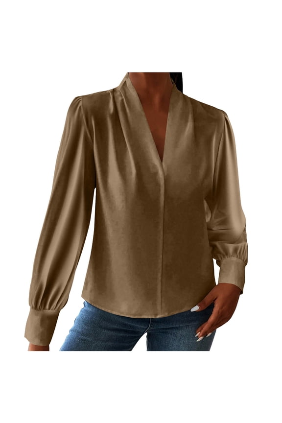 Womens Work Blouse Solid V-Neck Long Sleeve Shirts Dressy Office Business Tops Brown S