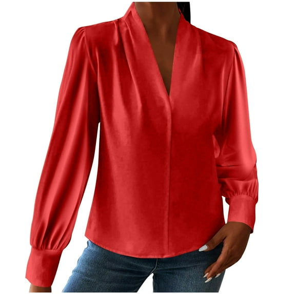Htigea Womens Work Blouse Solid V-Neck Long Sleeve Shirts Dressy Office Business Tops Red S