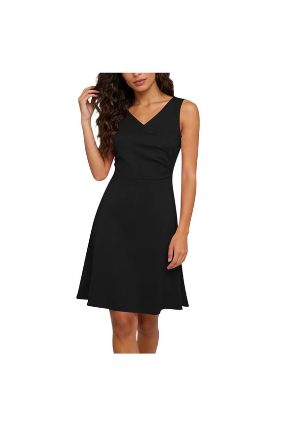 Womens Wrap V Neck Tank Dress Sleeveless Summer Mini Dresses Casual Trendy Office A-Line Dress Black S