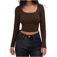 thumbnail image 1 of Htigea Womens Y2K Tops Stretch Slim Fit Long Sleeve Shirts Knit Ribbed Athletic Tee Gym Yoga Workout Shirt Coffee M, 1 of 7
