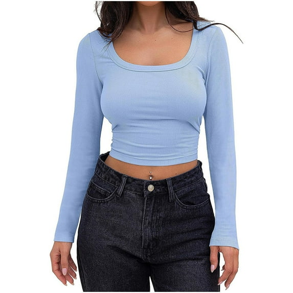Htigea Womens Y2K Tops Stretch Slim Fit Long Sleeve Shirts Knit Ribbed Athletic Tee Gym Yoga Workout Shirt Light Blue S