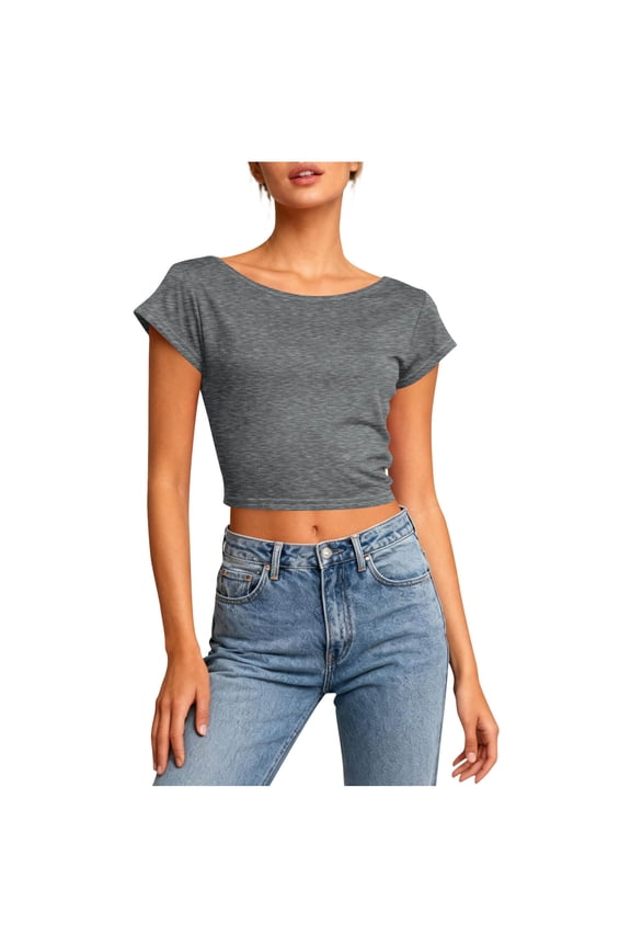 Womens Yoga T-Shirts Open Back Short Sleeve Crop Tops Summer Draped Ruched Back Tee Casual Trendy Blouse Dark Gray M