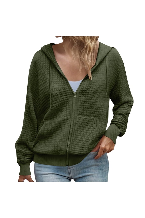 Womens Zip Up Hoodies Casual Loose Sweatshirt Fall Fashion Waffle Hooded Jackets with Pockets Army Green S