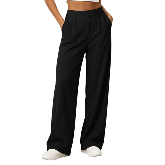 Htigea Work Dress Pants for Women High Waisted Wide Straight Leg Business Pant Solid Color Everyday Commute Trousers with Pockets Black L