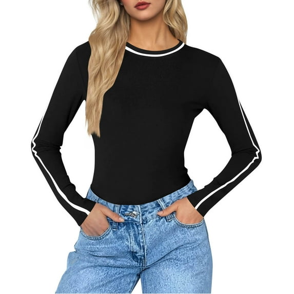 Htigea Workout Tops for Women Color Block Crew Neck Long Sleeve Y2k Shirts Soft Comfy Slim Fit Athletic Tees Black M