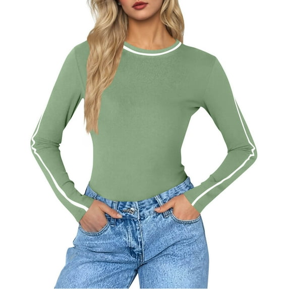 Htigea Workout Tops for Women Color Block Crew Neck Long Sleeve Y2k Shirts Soft Comfy Slim Fit Athletic Tees Green XXL