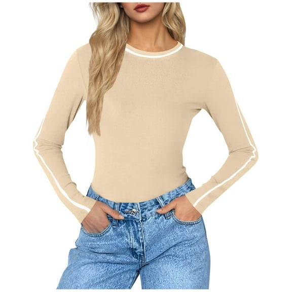 Htigea Workout Tops for Women Color Block Crew Neck Long Sleeve Y2k Shirts Soft Comfy Slim Fit Athletic Tees Khaki XXL