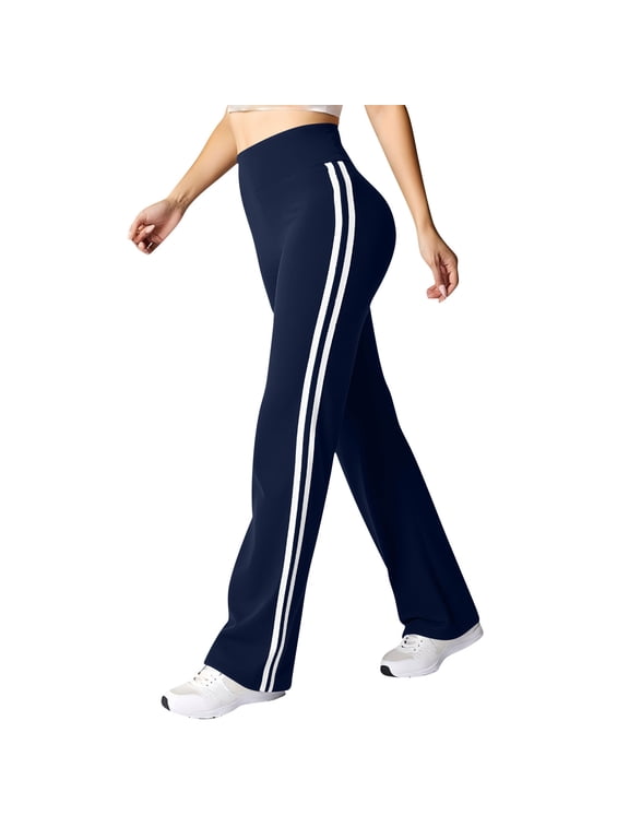 Yoga Pants for Women High Waist Tummy Control Bootcut Leggings Side Striped Slim Fit Workout Trousers Navy L