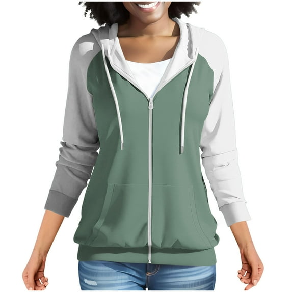 Htigea Zip Up Hoodies for Women Color Block Long Sleeve Hooded Sweatshirts Fall Fashion Sweatshirt with Pockets Green M