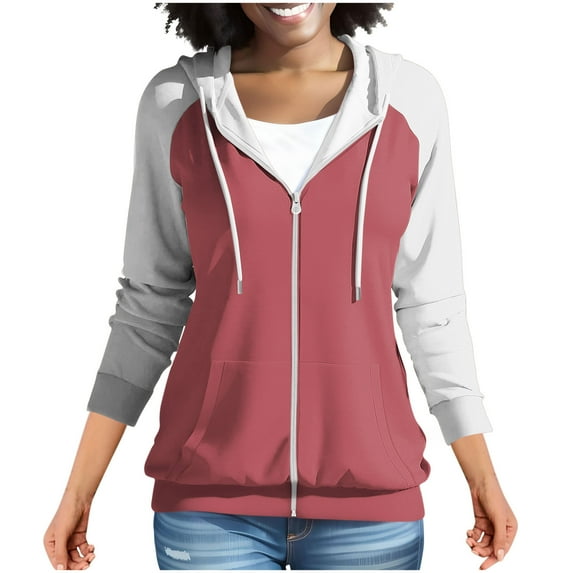 Htigea Zip Up Hoodies for Women Color Block Long Sleeve Hooded Sweatshirts Fall Fashion Sweatshirt with Pockets Hot Pink XXXL