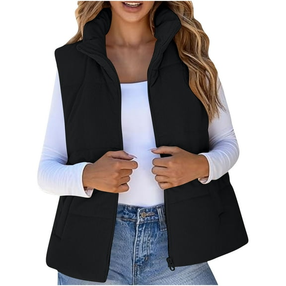 Htigea Zip Up Vest for Women Stand Collar Sleeveless Jackets Lightweight Fall Winter Going Out Coats with Pockets Black S
