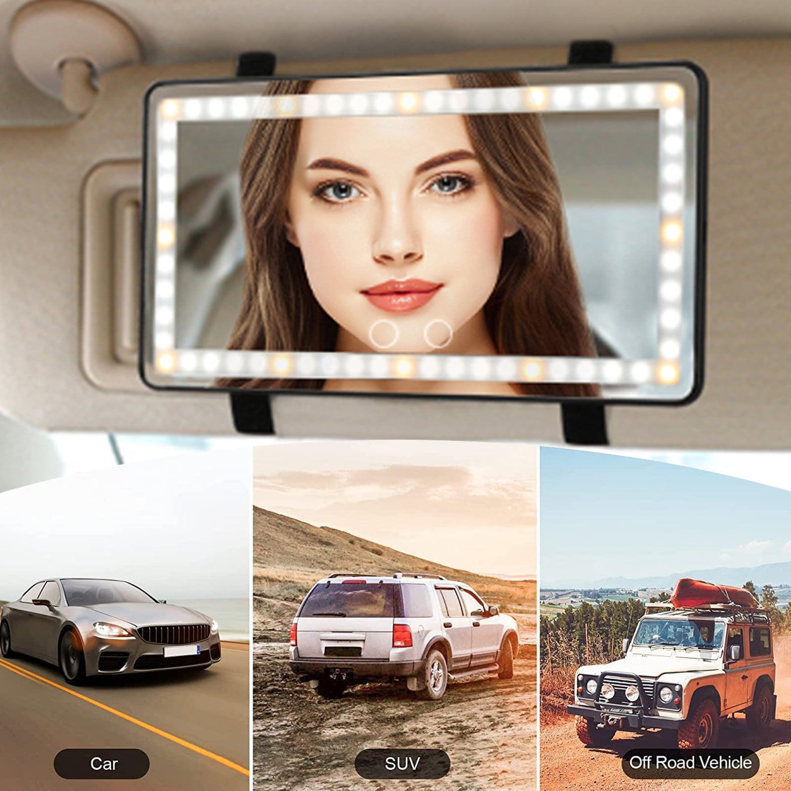 Htovila Car Visor Vanity Mirror Rechargeable LED Light Mirror with 3