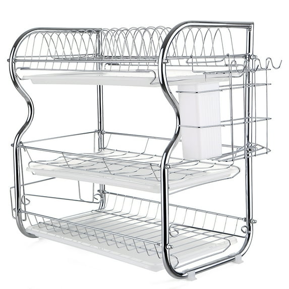 Htovila Multi-functional 3-Tier Dish Rack Kitchen Supplies Storage Rack Draining Rack with Chopsticks/Knives/Cutting Board Holder Drainboard