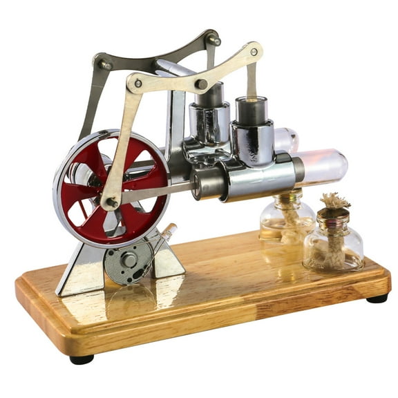 Htovila Stirling Engine Kit Hot Air Motor Model Physical Dual Engine Generator Model with Flywheel Design Science Experiment Wooden Base DIY Education for Teacher Adults School Office Decor