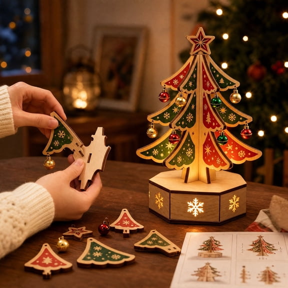 Htrmlpk 1pc DIY Light Up 3 D Wooden Puzzle Tabletop Xmas Holiday For Adults Family