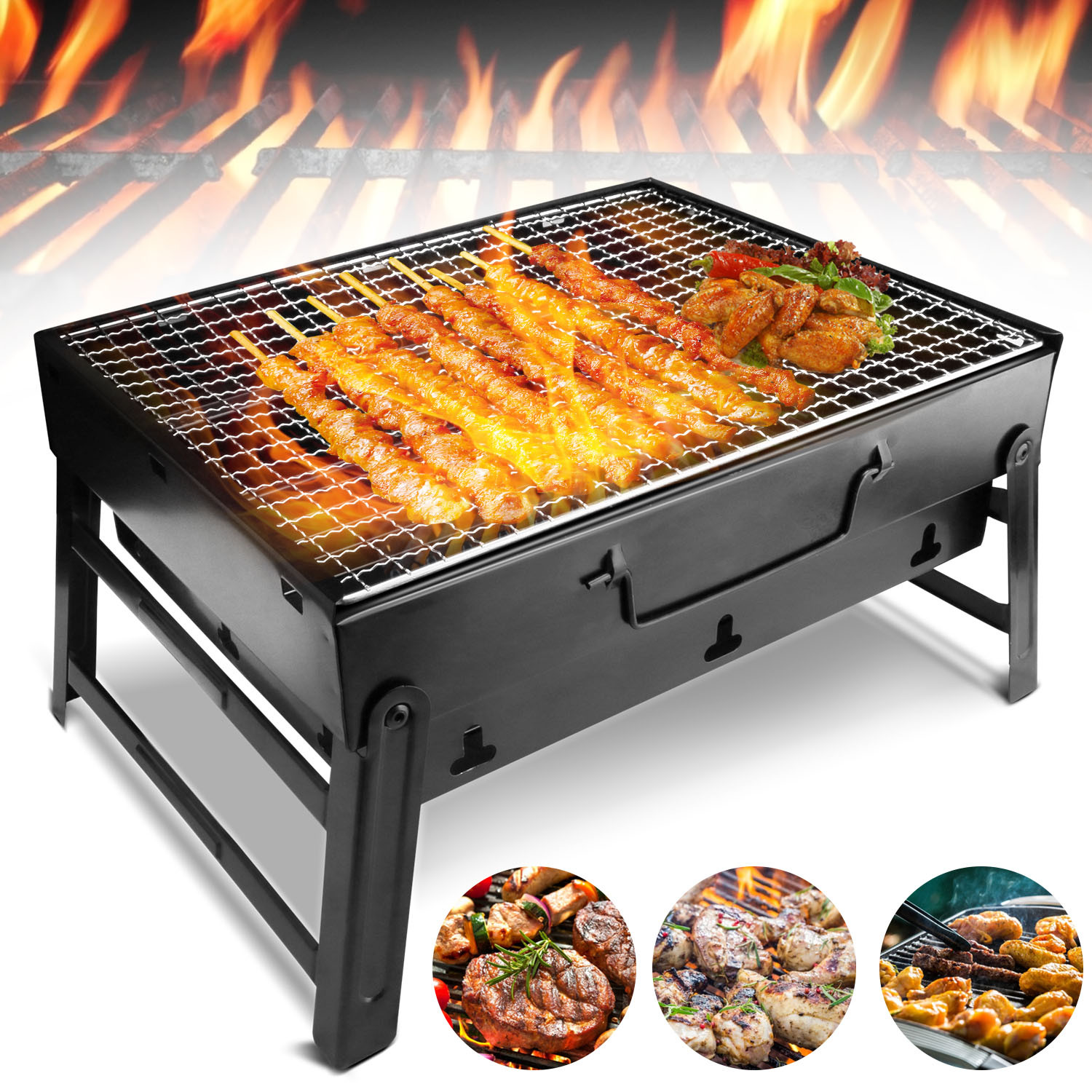 Htwon 13.7" Foldable BBQ Charcoal Grill, Portable Heavy Duty Barbecue Stainless Steel Tabletop Grill Stove with Handle Outdoor Camping Picnic Barbecue BBQ Accessories Tools - image 1 of 14