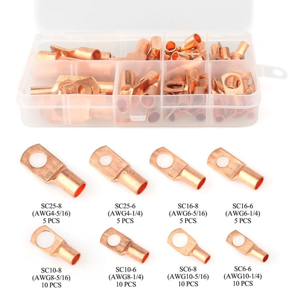 Htwon 60Pcs Battery Terminals Connectors Copper Ring Wire Ends Lugs Gauge AWG 4 6 8 10