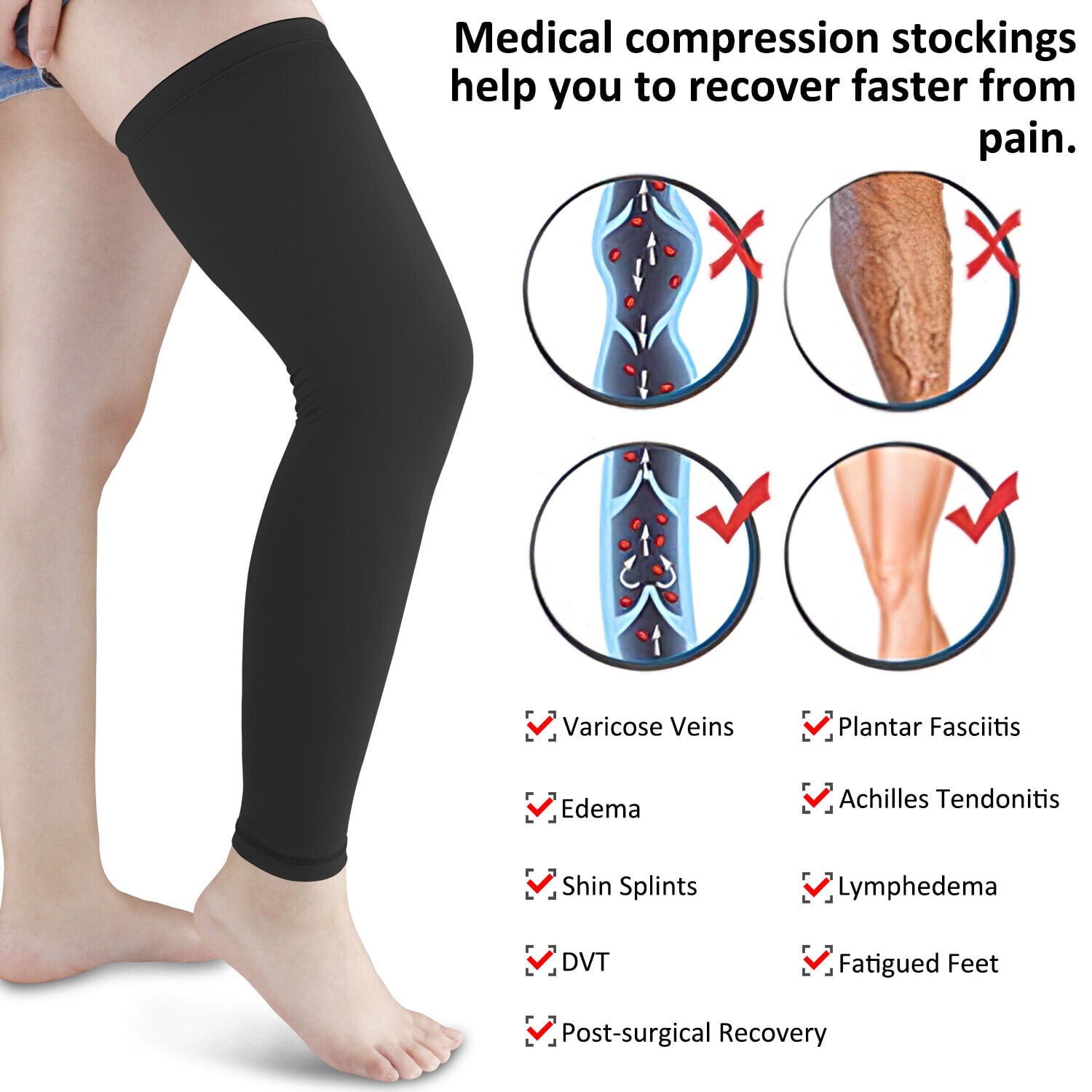 Htwon Men Women Calf Leg Support Varicose Veins Knee Compression Sleeve Socks  Stocking 