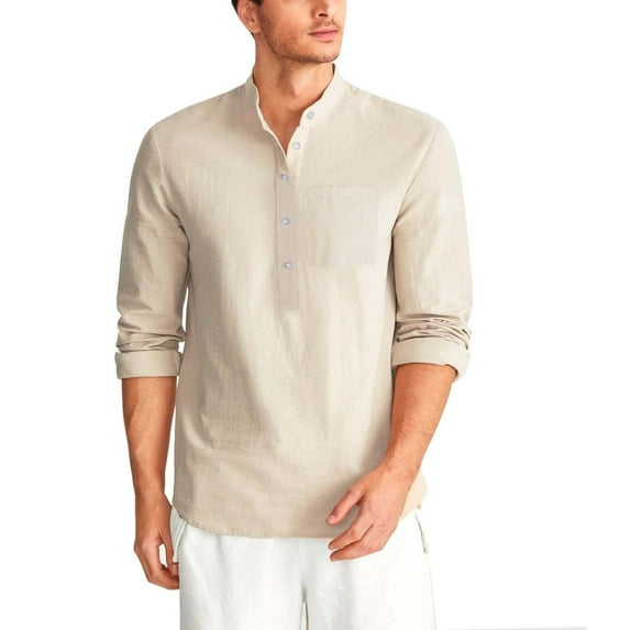 Htwon Mens Cotton Linen Long Sleeve Shirt Solid Baggy Button-down Tops T Shirt Blouse