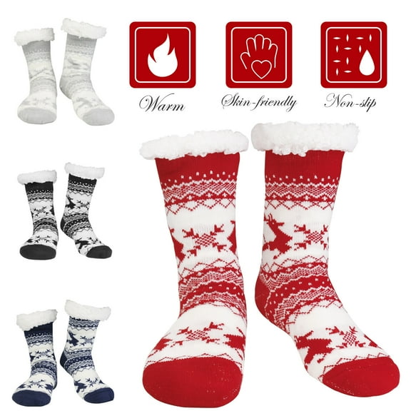 Htwon Winter Women Men Thick  Sherpa Fleece Lined Fuzzy Slipper Socks Thermal Non-Skid