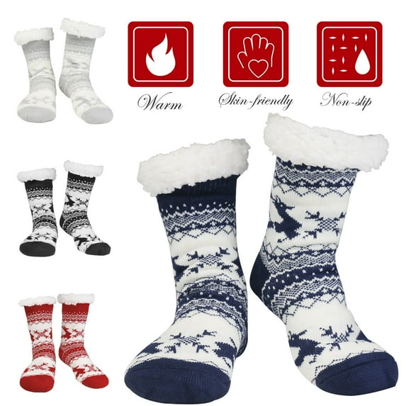 Htwon Winter Women Men Thick Sherpa Fleece Lined Fuzzy Slipper Socks Thermal Non-Skid