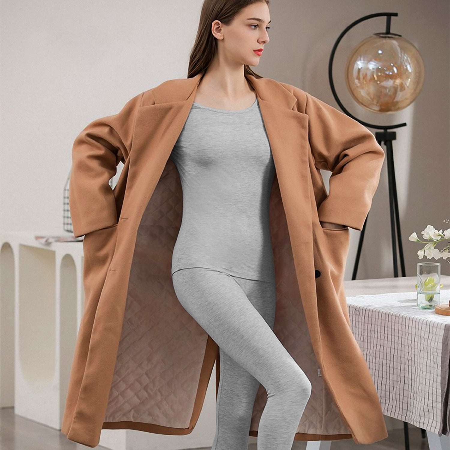 Htwon Women Thermal Underwear 100 Cotton Long Johns Top & Bottom Set (Gray, L)