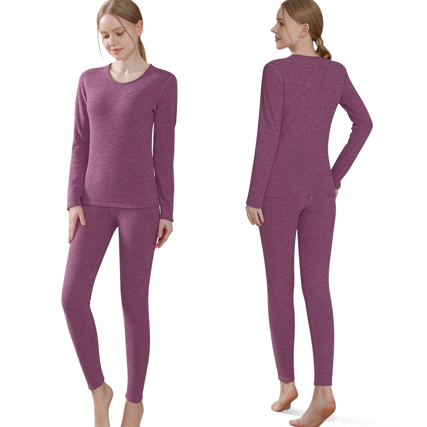 Htwon Women Thermal Underwear 100 Cotton Long Johns Top & Bottom Set (Purple, M)