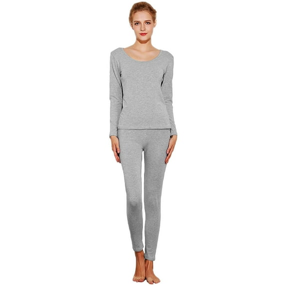 Htwon Women's Cotton Thermal Underwear Set Winter Warm Fleece Lined Top Bottom Long Johns (Grey, L)