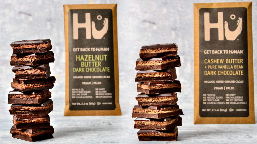 Hu Vegan Chocolate Bars | 2 Pack Hazelnut Praline + Vanilla Bean Cashew Butter Chocolate | Gluten Free, Paleo, Non GMO, Kosher Dark Chocolate | 2.1oz Each
