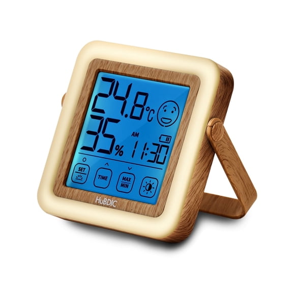 HuBDIC Hygrometer Indoor Thermometer and Humidity Gauge 3 Level Bright Nightlight Rechargeable Portable (Light Wood)