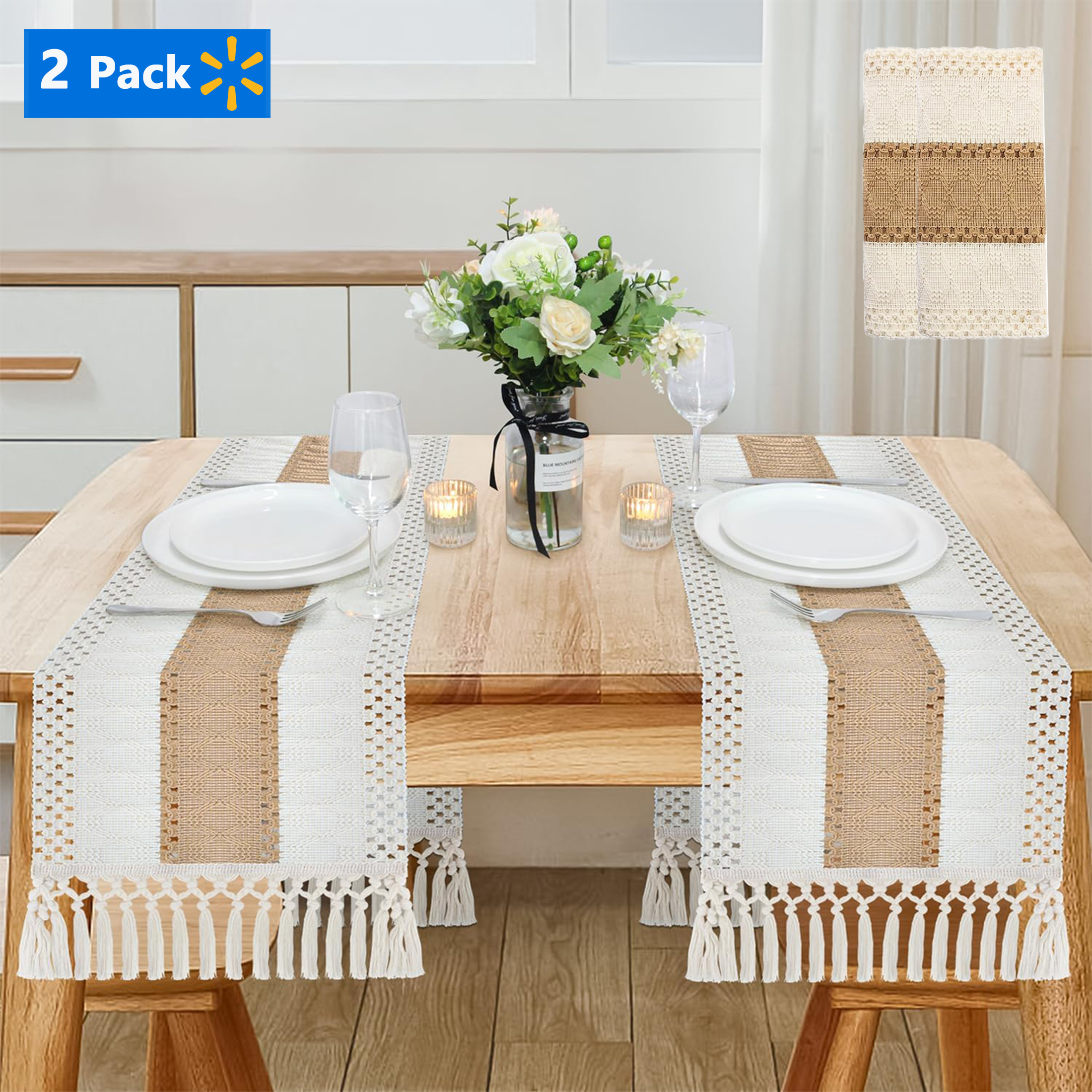 Boho Dining Table Runner with Tassels 14 x 72 Inches, Rust Brown and ...