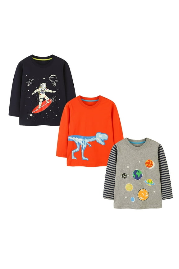 HuaAngel Boys Cotton Long Sleeve T-Shirt Crew Neck Funny Print Shirt 3 Packs Sizes 2-7