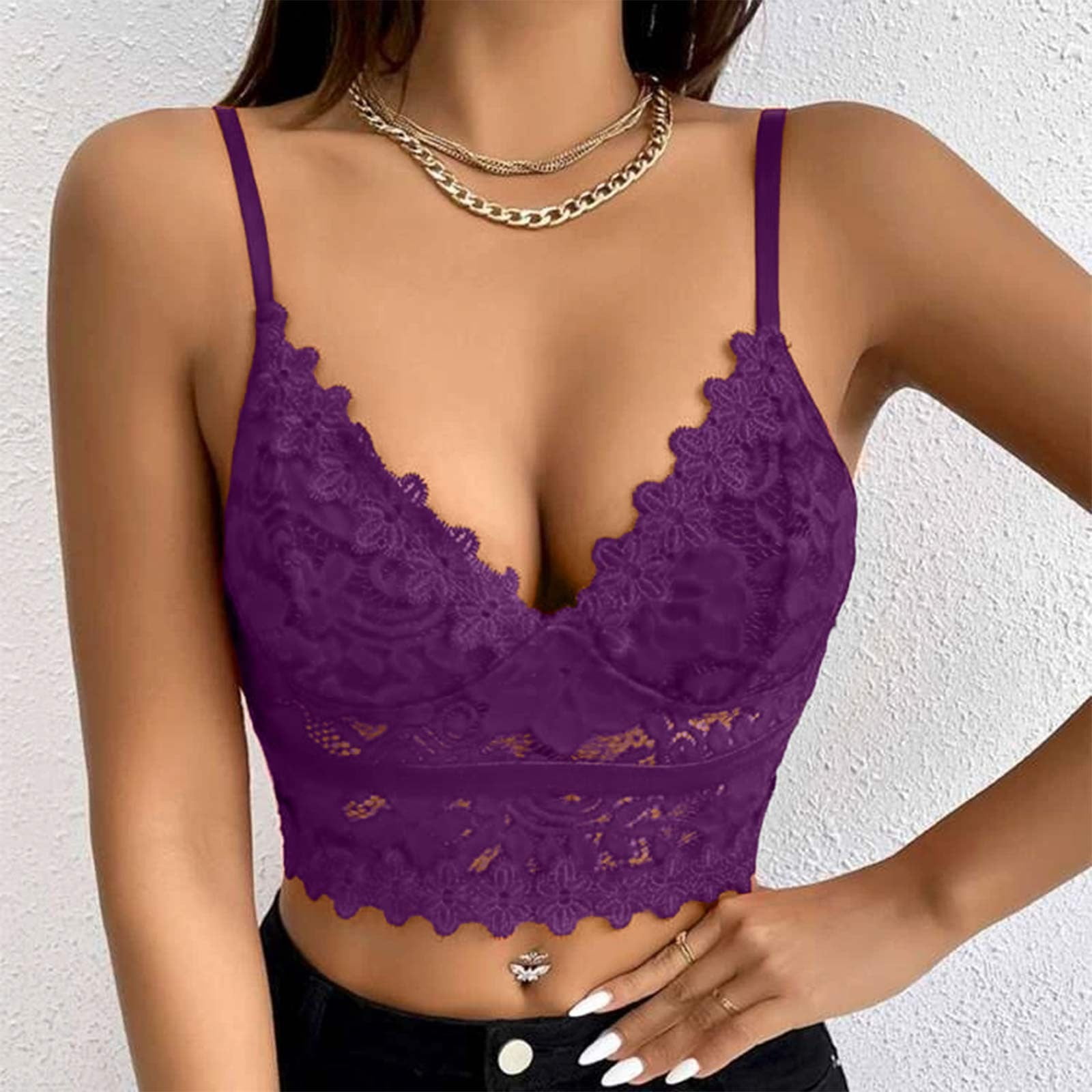 HuaChen Ladies Erotic Lingerie Sexy Deep V Solid Color Lace Bra With Chest  Pad Valentine's Nightgown Pajamas Dark Purple / L
