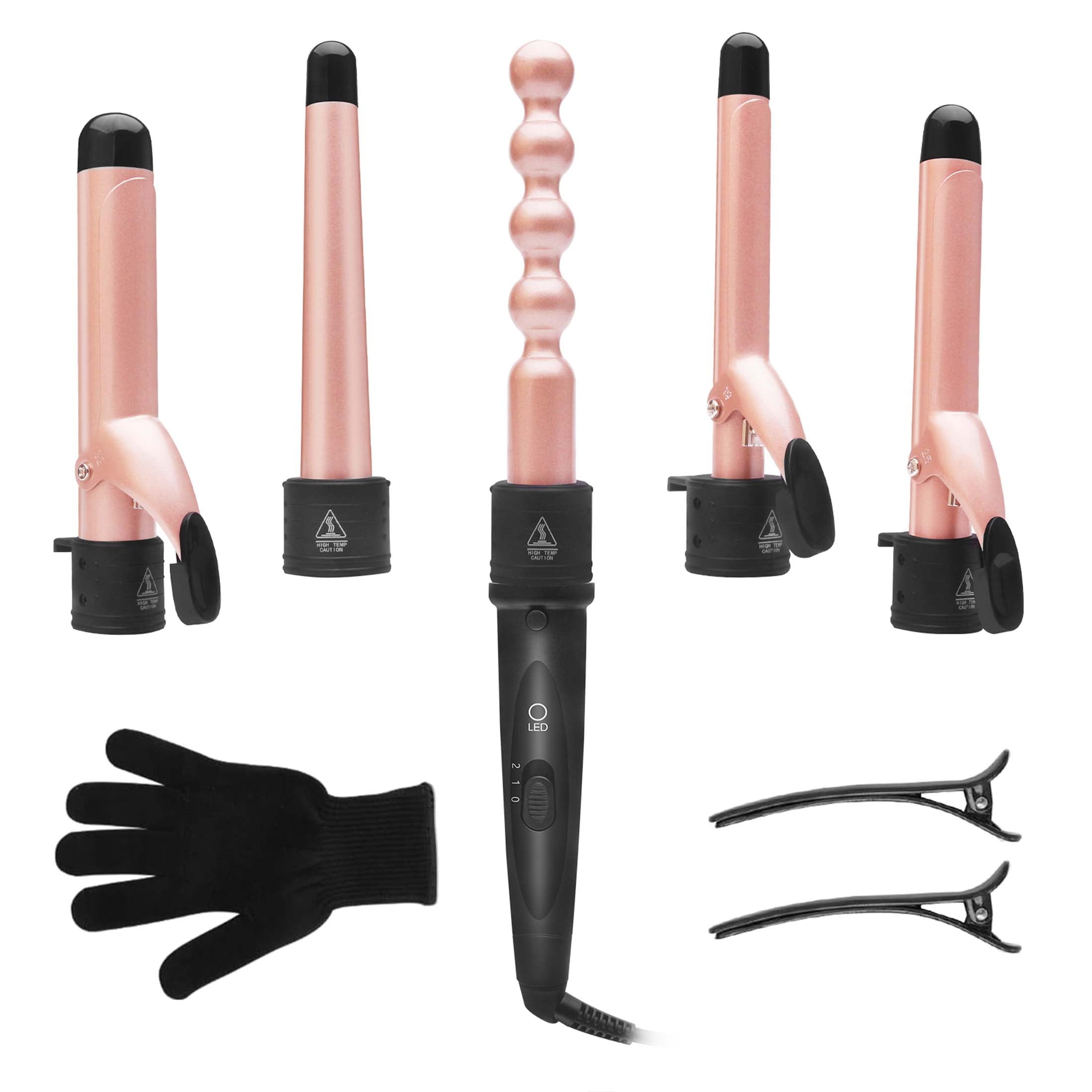 5 In 1 Curling Iron Set, Hair Curling Wand Set with 5 Interchangeable Barrel Curling Wand (0.75"-1.25"), Bubble Wand, Tapered Curly Iron Travel Dual Voltage Rose Pink