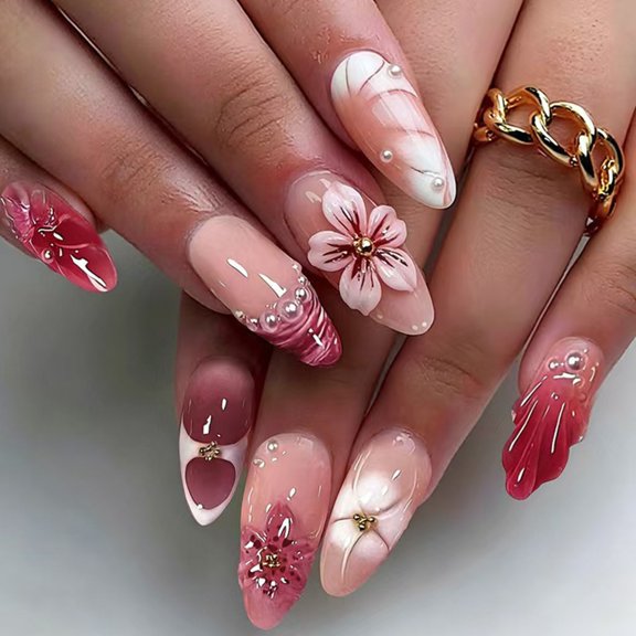 HuaJing 24Pieces Glamorouses False Nail With 3D Flower And Butterfly Embellishments