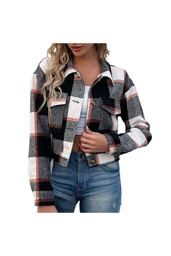 2024 Fall Clothes Women Flannels Cropped Jacket Fashion Plaid Long Sleeve Button Down Shirt Coat Tops Cardigan Jacket Tops