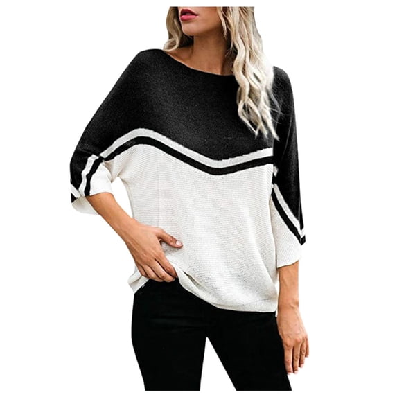 HuaLeiMao Women Casual Knitted Sweaters Fashion 3/4 Batwing Sleeve Color Block Sweater Round Neck Loose Cute Pullover Tops