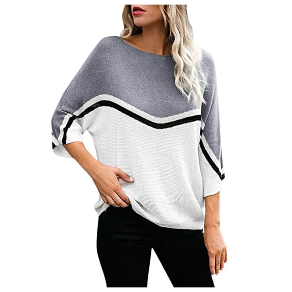 HuaLeiMao Women Casual Knitted Sweaters Fashion 3/4 Batwing Sleeve Color Block Sweater Round Neck Loose Cute Pullover Tops