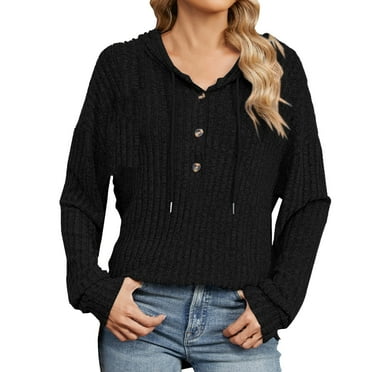 HuaLeiMao Women Fall Hoodies Long Sleeve Casual Hooded Tshirts Loose Button V Neck Henley Shirt Blouse Warm Comfy Tunic