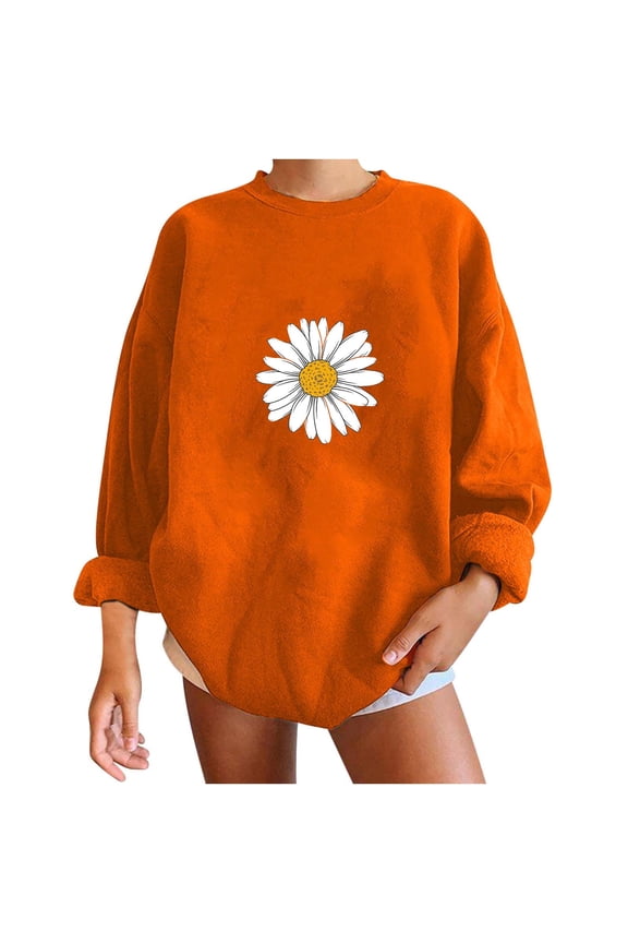 Women Long Sleeve Sweatshirts Crewneck Daisy Flower Graphic Tops Casual Loose Pullover Shirts Oversized Y2K Clothes