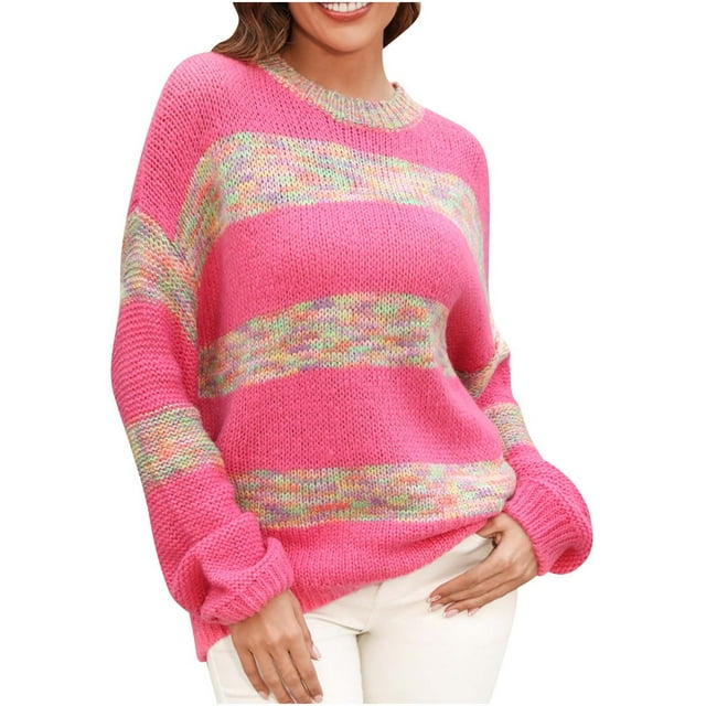 HuaLeiMao Women's Contrast Color Loose Fit Knit Sweaters Long Sleeve Crewneck Jumper Casual Striped Sweater Soft Knit Pullover Tops