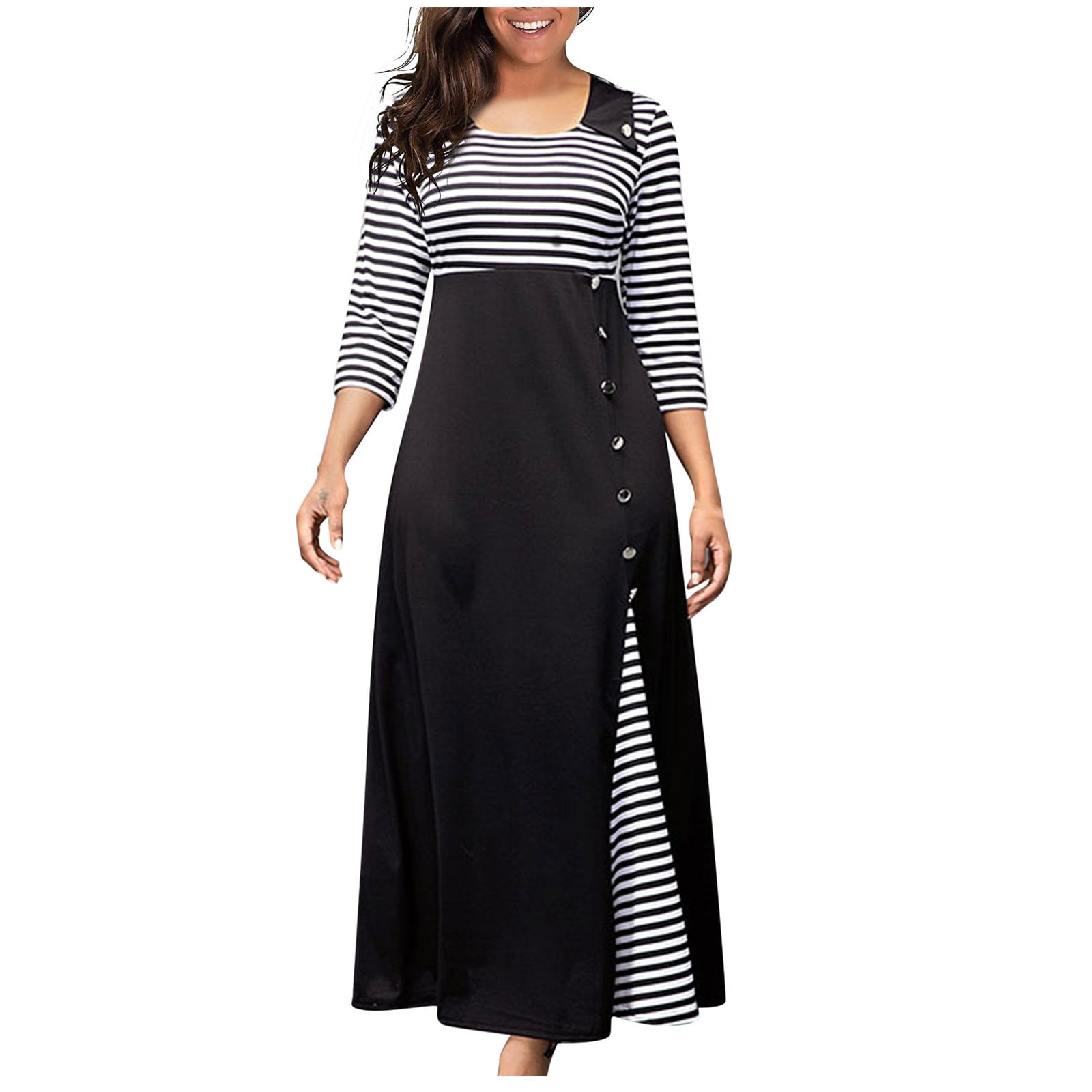 Huaai Dress for Women Casual Round Neck Contrast Striped Front Button ...