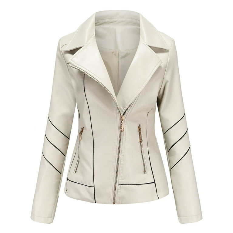 Huaai Jackets for Women New Ladies Slim Stand up Collar Zipper Stitching Solid Color Jacket Womens Coats White L Women s Size Large