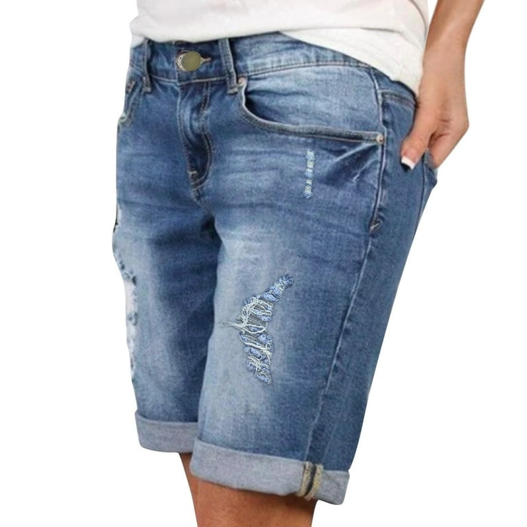 Huaai Jeans Shorts Women Knee Length Shorts Denim Stretch Plus Sizes Fashion Casual Loose Denim Shorts Summer High Waist Pant Jean with Pocket Blue L