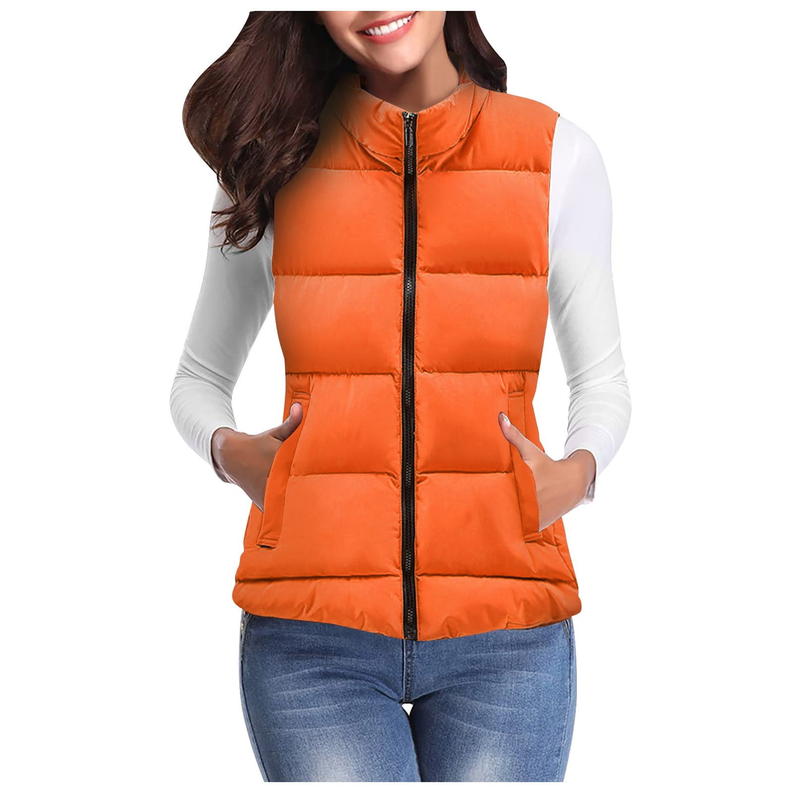 Lisingtool Vests for Women 2023 Ladies Autumn and Winter Casual Short Drawstring Adjustable Cotton Vest Jacket Puffer Vest Women Orange, Women's, Size