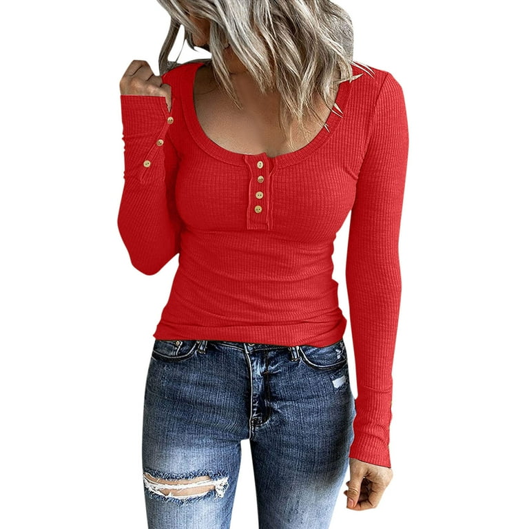 Huaai Women Long Sleeve Henley T Shirts Button Down Slim Fit Tops Scoop Neck Ribbed Knit Shirts Plus Size Womens Tops Red M