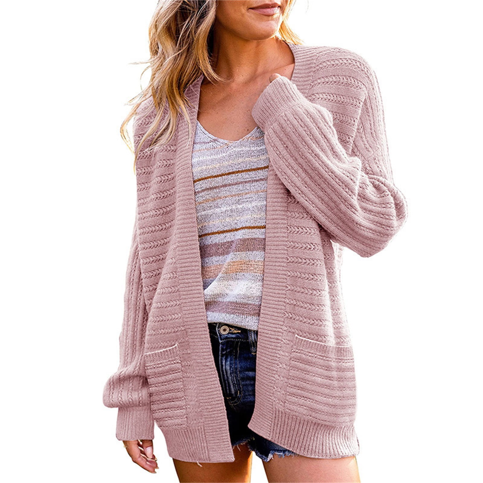 Huaai Women s Casual Open Front Lightweight Cable Knit Cardigan Sweaters Long Sleeve Knitted Sweater Cardigan Coat Pink L Walmart